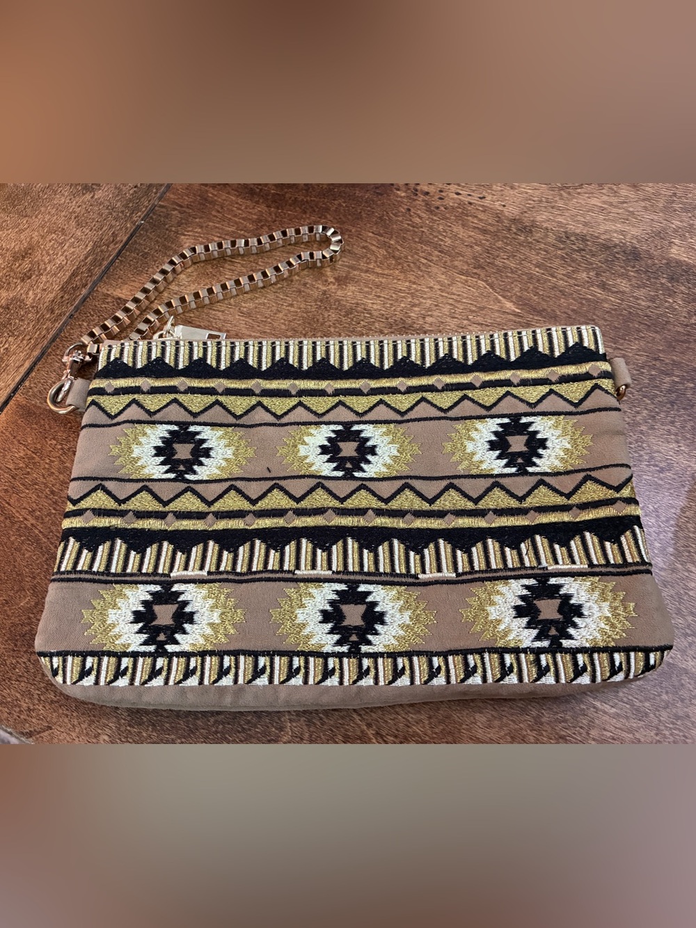 Beige Aztec Embroidered Wristlet Clutch